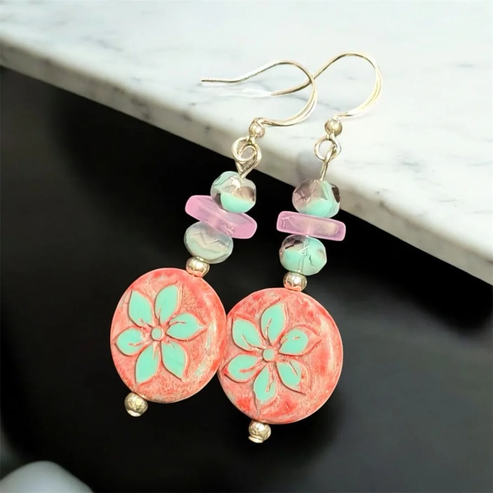 Handcrafted Floral Pink and Turquoise Czech Glass Earrings - Picture 2 of 16